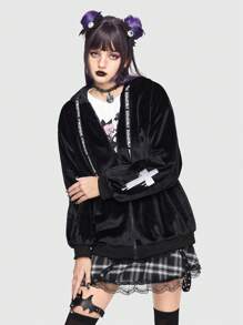 ROMWE Kawaii Cross Embroidery Letter Graphic Drawstring Zip Up Velvet Hooded Jacket - Black - View 5