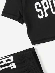 Letter Graphic Crop Tee & Pants Sports Set - Black - View 7