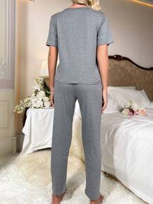 Letter Graphic Tee & Bow Front Pants PJ Set / Pajama Set Bow Tie - Dark Grey - View 2