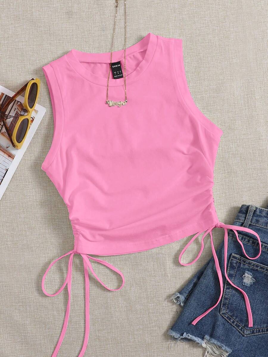 SHEIN EZwear Drawstring Side Crop Tank Top - Pink - View 1