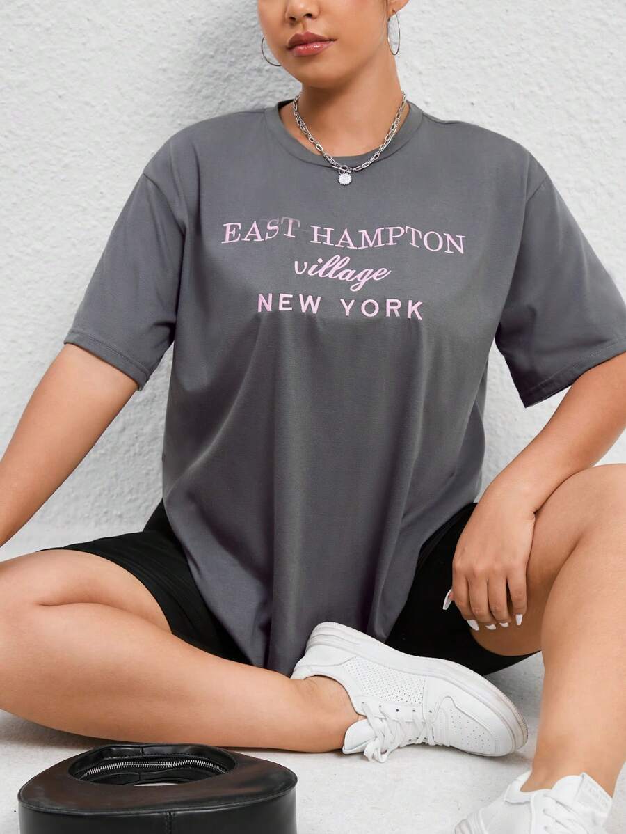 SHEIN EZwear 大碼刺繡字母圖案落肩T恤 - 灰色 - 查看 1