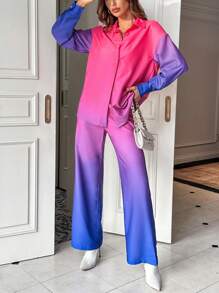 SHEIN Essnce 漸層落肩袖襯衫&闊腿褲 - 彩色 - 查看 4