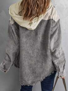 CILKOO 双色抽绳连帽外套，女士休闲宽松抓绒套头衫，带口袋，适合冬季日常穿着 - 灰色 - 查看 2