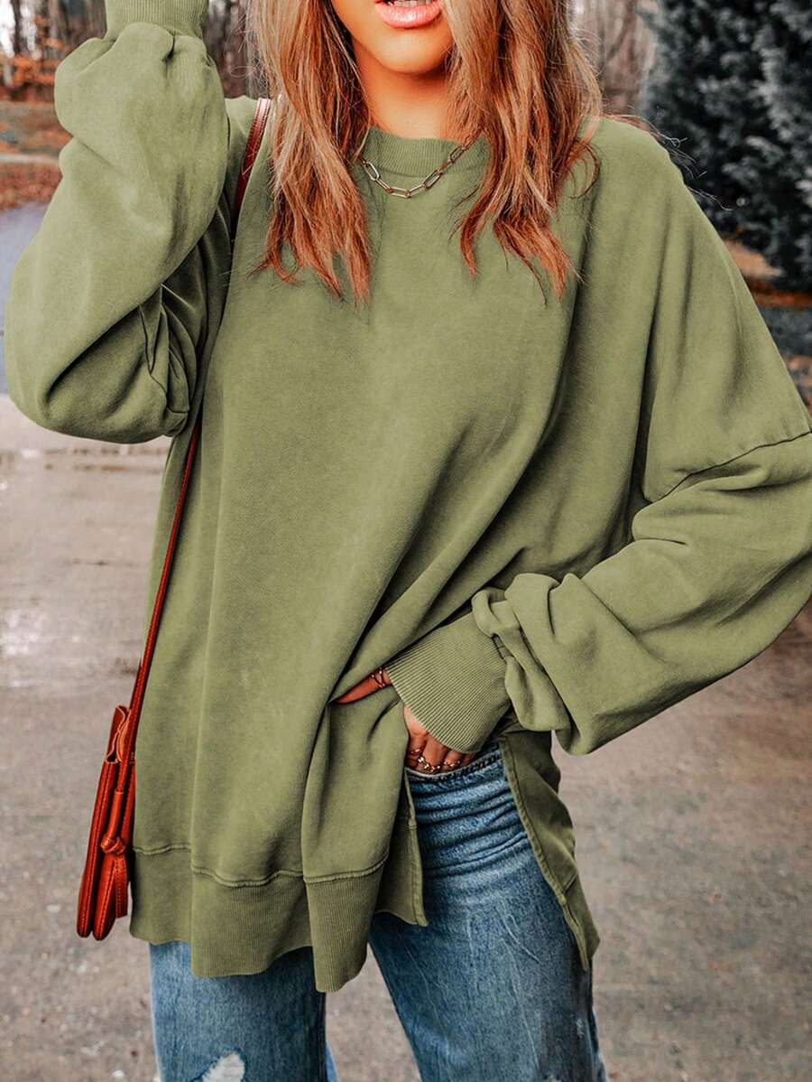CILKOO 休闲侧开衩落肩宽松卫衣，春秋季 - 綠色 - 查看 1