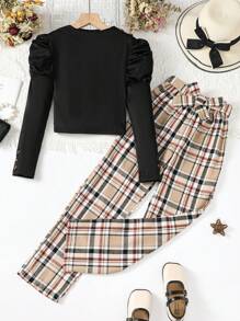 SHEIN Explorewe 少女蓬袖t恤裝配襯上結襟格紋褲帶 - 彩色 - 查看 1