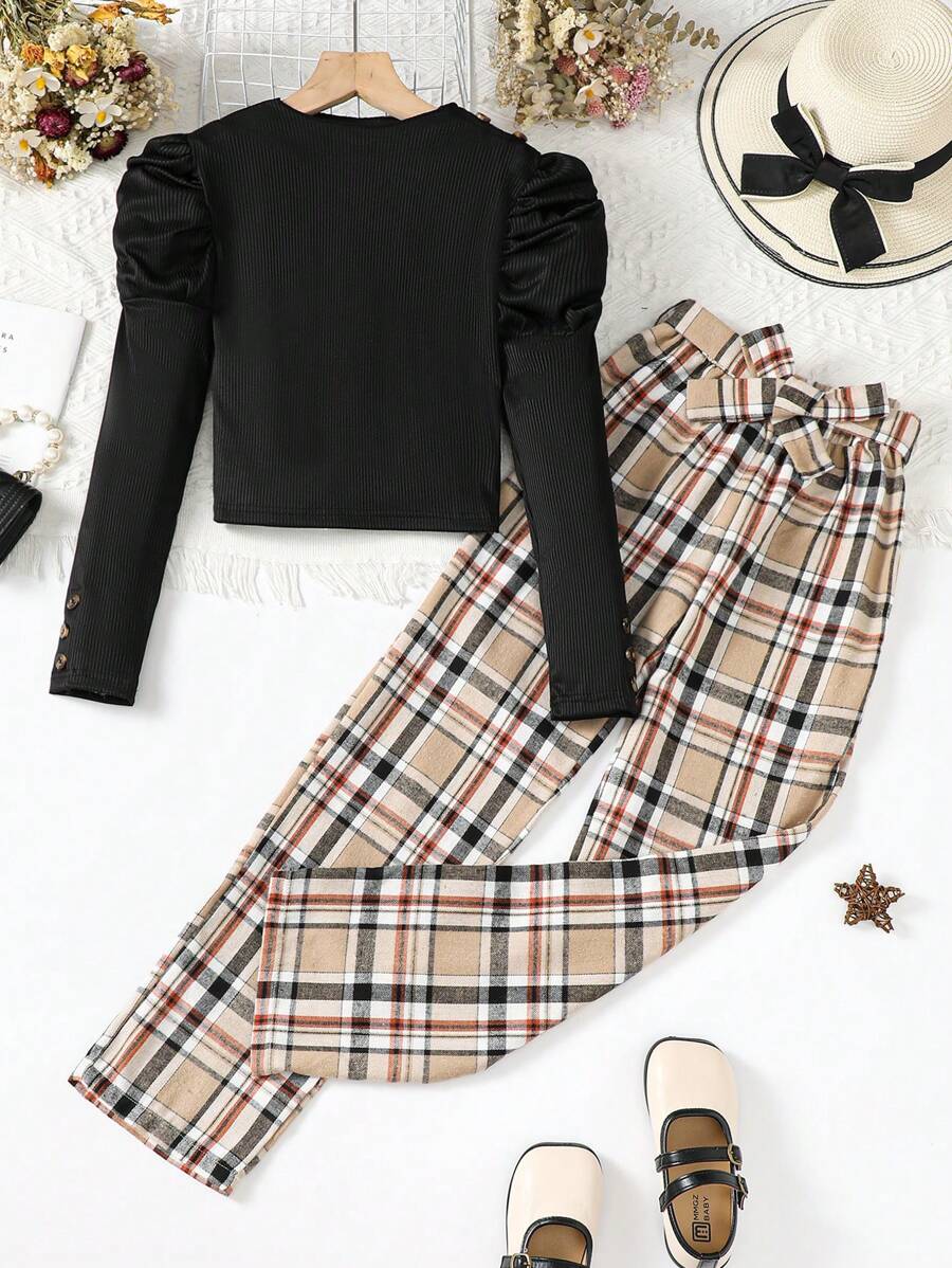 SHEIN Explorewe 少女蓬袖t恤裝配襯上結襟格紋褲帶 - 彩色 - 查看 1