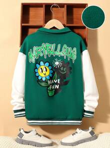 SHEIN Tween Boy Cartoon & Letter Graphic Two Tone Drop Shoulder Varsity Jacket - Multicolor - View 1