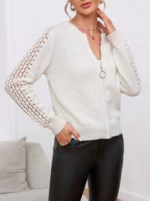 GENKIRA 拉鏈開襟網眼針織開襟衫 - 白色 - 查看 1