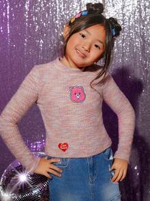 SHEIN X Care Bears 補間女孩卡通圖案段染短款T恤 - 粉色 - 查看 4