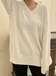 DAZY Solid Drop Shoulder Sweater Fall - White - View 4