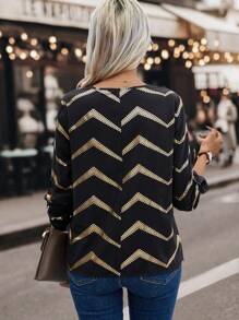 SHEIN Clasi Blusa con estampado de cheurón de manga enrollada con botón con cremallera media - Negro - Ver 2