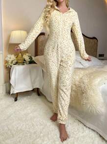 Allover Print Zip Up Hooded Flannel Sleep Jumpsuit - Beige - View 4