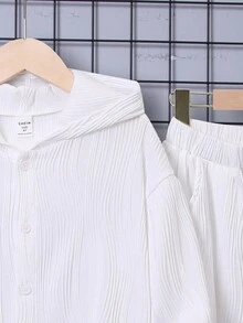 SHEIN Cậu bé Tween Chất rắn Nút phía trước áo có mũ Áo và quần thể thao - trắng - Xem 4