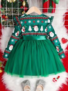SHEIN Cô Gái Trẻ In Giáng sinh Viền Ruffle Lưới Hem Váy có thắt lưng - Màu xanh lá cây đậm - Xem 2