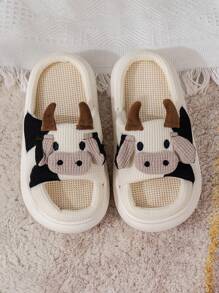 Boy's & Girl's Cute Cow Design Indoor Slippers, Autumn & Winter Cartoon Thick Sole Anti-slip Toddler Bedroom Shoes, Lovely Animal Print Youth Outdoor Sandals