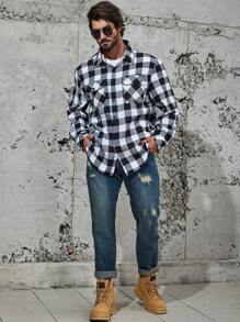 Manfinity Homme Nam Plus Bản in Gingham Túi có nắp Áo sơ mi - Đen và trắng - Xem 5