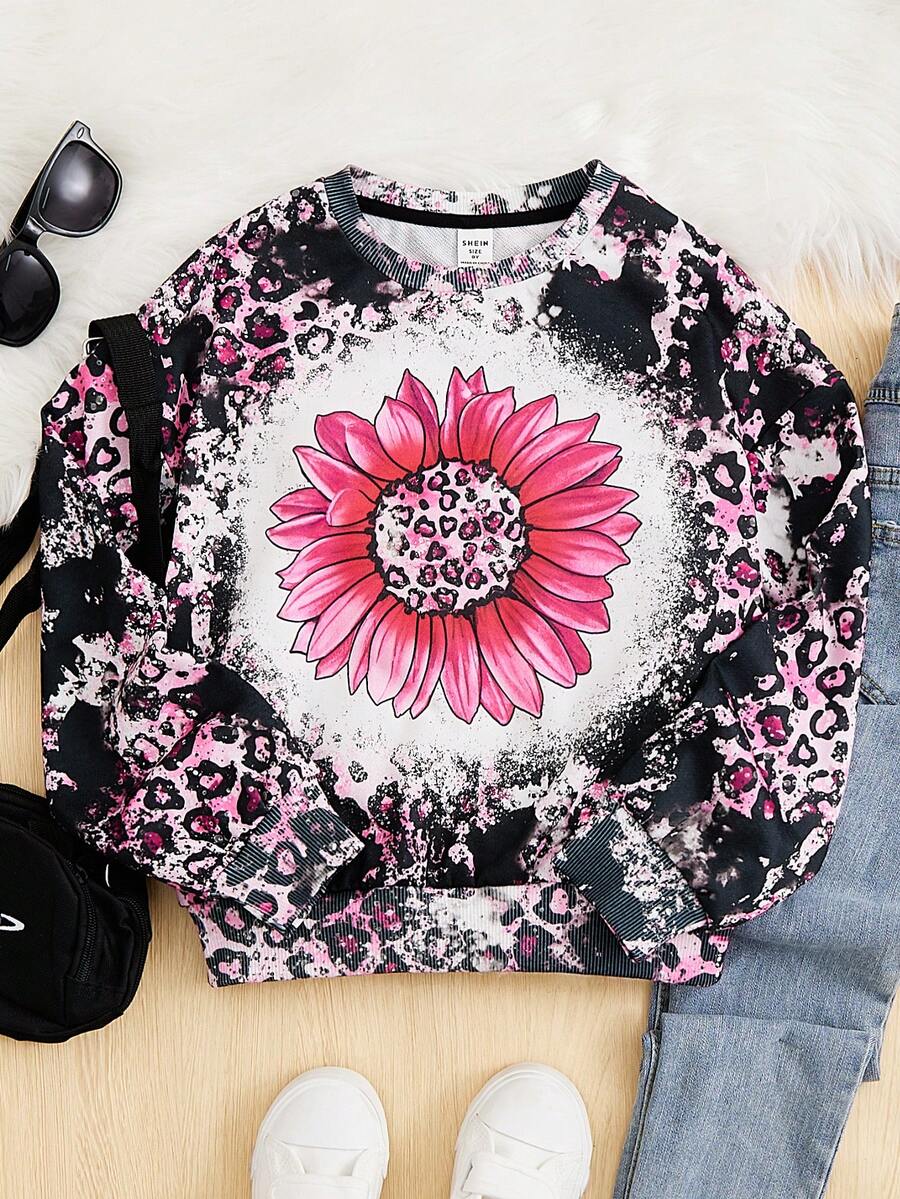 SHEIN Cô gái Tween Hoa & In hoa Báo Áo chui đầu - màu đen - Xem 1
