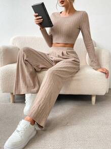 SHEIN LUNE 素色短款T恤&闊腿褲 - 卡其色 - 查看 5