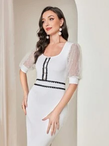 Modelyn Contrast Mesh Puff Sleeve Contrast Binding Bodycon Sweater Dress - White - View 5