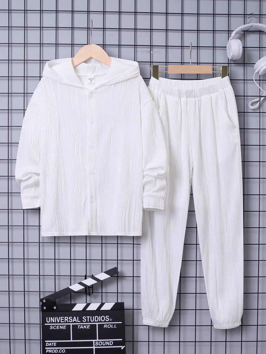 SHEIN Cậu bé Tween Chất rắn Nút phía trước áo có mũ Áo và quần thể thao - trắng - Xem 1