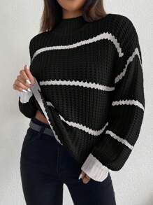 Celisse Striped Pattern Drop Shoulder Sweater,Long Sleeve Tops Knit Pullover Fall Winter Outfit - Black - View 6