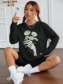 SHEIN EZwear Hoa & In Bộ xương Lót nhiệt Áo nỉ - màu đen - Xem 3
