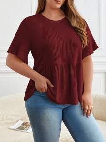 SHEIN Frenchy Plus Waffle Knit Flounce Sleeve Peplum Tee