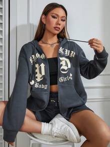 SHEIN Unity 字母圖案拉鏈開襟落肩袖抽繩連帽衫和短褲 - 灰色 - 查看 5