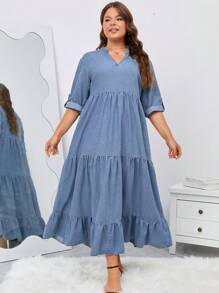 SHEIN LUNE Plus Notched Neckline Ruffle Hem Denim Dress - Light Wash - View 6