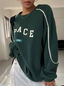 DAZY Áo nỉ trễ vai họa tiết tương phản chữ cái, quần áo mùa thu - Màu xanh lá cây đậm - Xem 4