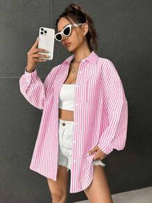 SHEIN EZwear Striped Print Drop Shoulder Shirt - Pink - View 1