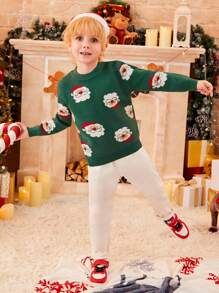 SHEIN Suéter con patrón de Papá Noel de Navidad para niño joven - Verde Oscuro - Ver 5