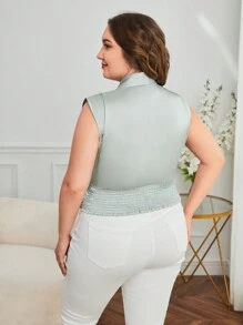 SHEIN Privé Plus Shawl Collar Button Front Ruched Waistband Satin Blouse - Khaki - View 2