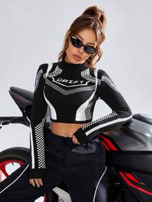 SHEIN Coolane 字母圖案小高領短款毛衣 - 黑與白 - 查看 5