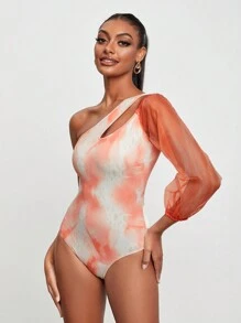LANOR Tie Dye One Shoulder Cut Out Bodysuit - Multicolor - View 1