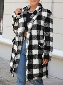 SHEIN Cottnline Plus Buffalo Plaid Pattern Lapel Neck Teddy Coat - Black and White - View 4