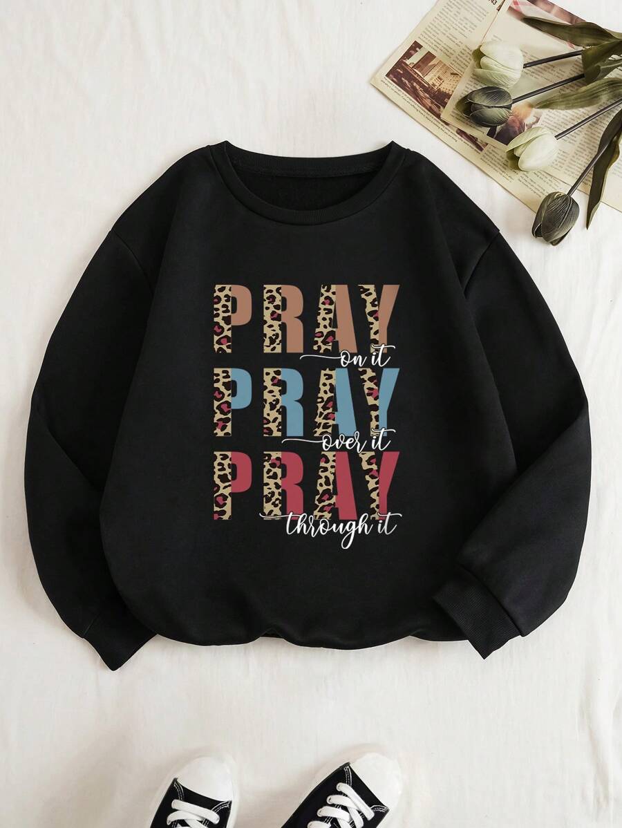 SHEIN EZwear 標語圖案加絨內裏運動衫 - 黑色 - 查看 1