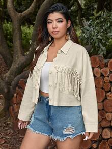 SHEIN VCAY 大碼流蘇邊前紐扣夾克 - 米色 - 查看 7