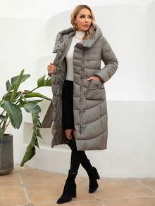 GASMAN Zip Up Snap Button Belted Hooded Belted Padded Coat - Grey - View 3