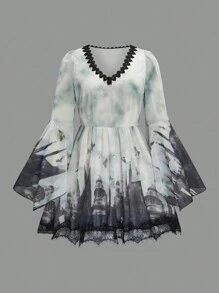 Calvaya 大碼萬聖節鳥印花蕾絲邊喇叭袖雪紡洋裝 - 白色 - 查看 1