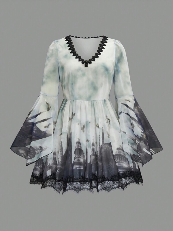 Calvaya Plus Halloween Bird Print Lace Trim Flare Sleeve Chiffon Dress