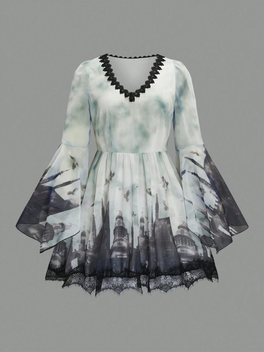 Calvaya 大碼萬聖節鳥印花蕾絲邊喇叭袖雪紡洋裝 - 白色 - 查看 1