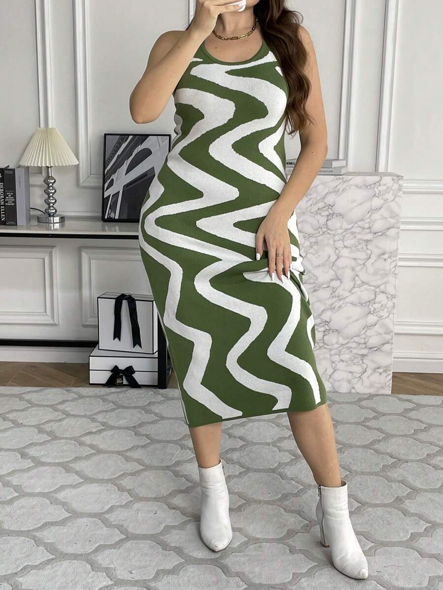 Flirla Plus Wave Striped Pattern Halter Sweater Dress - Multicolor - View 1