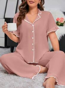 加大对比色绑带纽扣前睡衣套装/睡衣套装女士睡衣套装女士睡衣曲线睡衣 - 藕粉色 - 查看 1