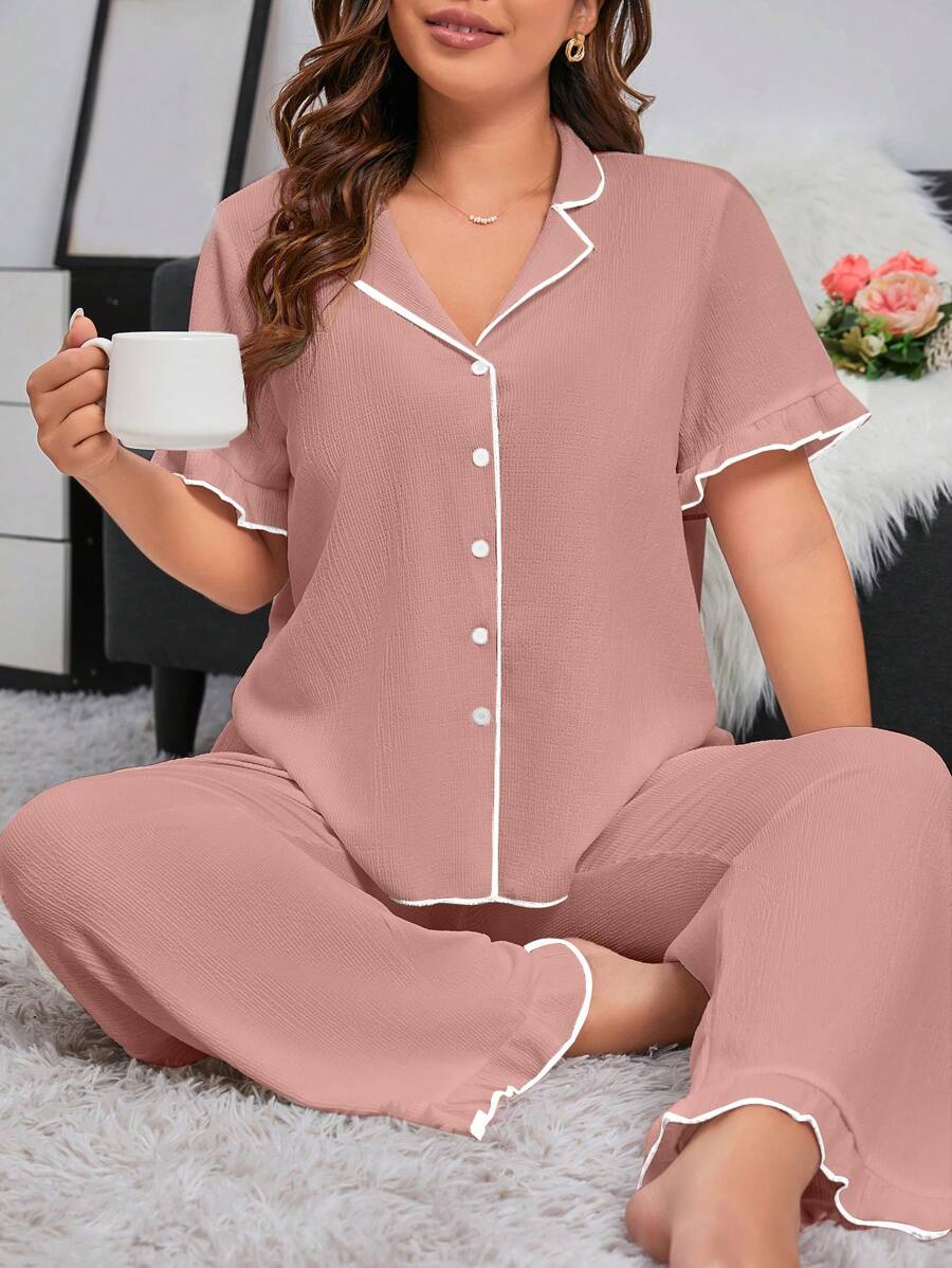 加大对比色绑带纽扣前睡衣套装/睡衣套装女士睡衣套装女士睡衣曲线睡衣 - 藕粉色 - 查看 1