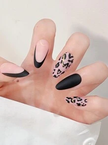 Upgrade Your Look With 24pcs Long Almond Black French Matte Leopard Golden Line Fake Nail & 1pc Nail File & 1sheet Tape Press On Nails Nail Supplies
