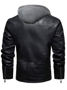 Men Long Sleeve Zip Up Drawstring Hooded PU Jacket, For Fall Winter - Dark Grey - View 2