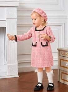 SHEIN Baby Girl Plaid Print Contrast Trim Dress - Pink - View 3