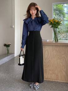 FRIFUL Solid Split Hem Belted Straight Skirt - Black - View 8