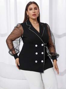SHEIN Privé Plus Contrast Mesh Lantern Sleeve Double Breasted Contrast Binding Blazer - Black - View 4